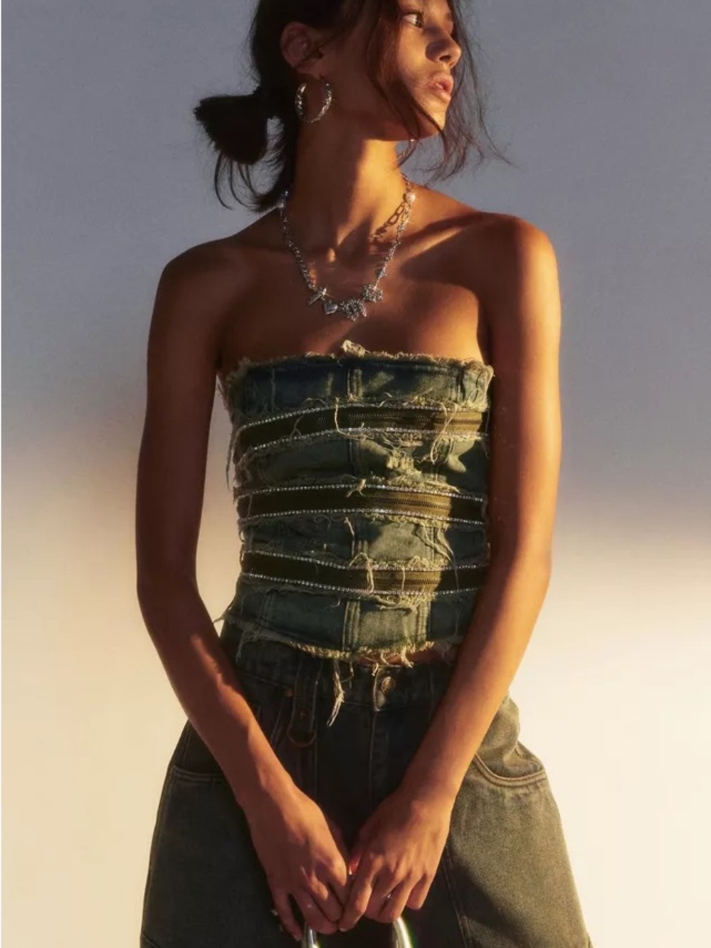Jaded London Zip Diamante Denim Corset in Blue Wash Size 4